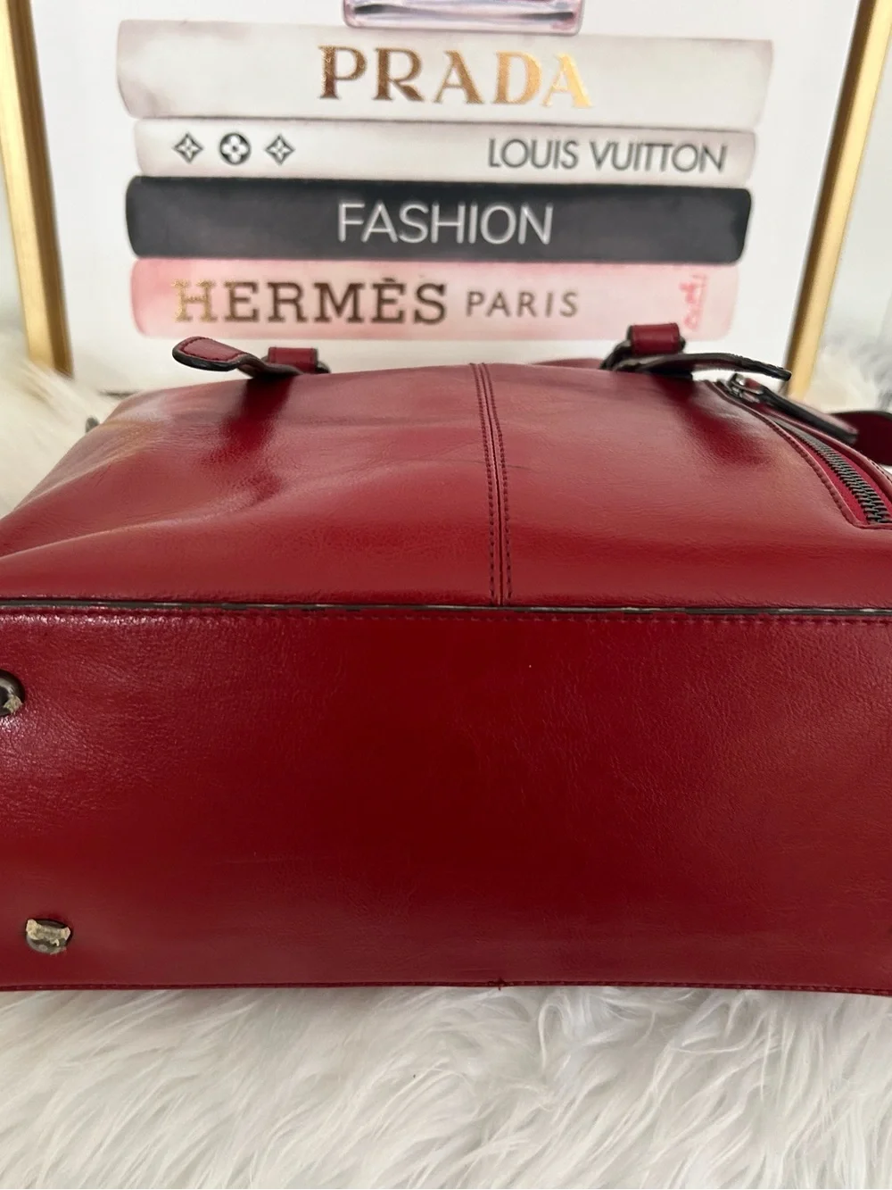 HESHE Red Genuine Leather Satchel Tote